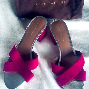Ellie Tahari Hot Pink Suede and Silver Mules worn twice